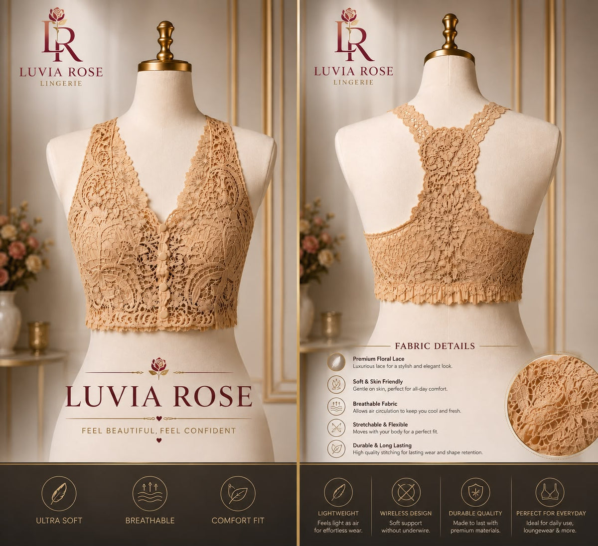 Luvia Rose Nude Lace Bralette