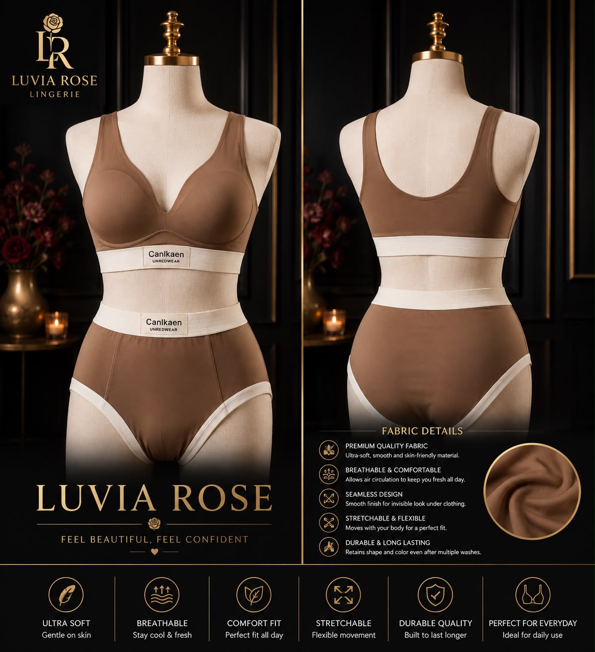 Seamless Bra & High-Waist Panty Set – Mocha & Cream