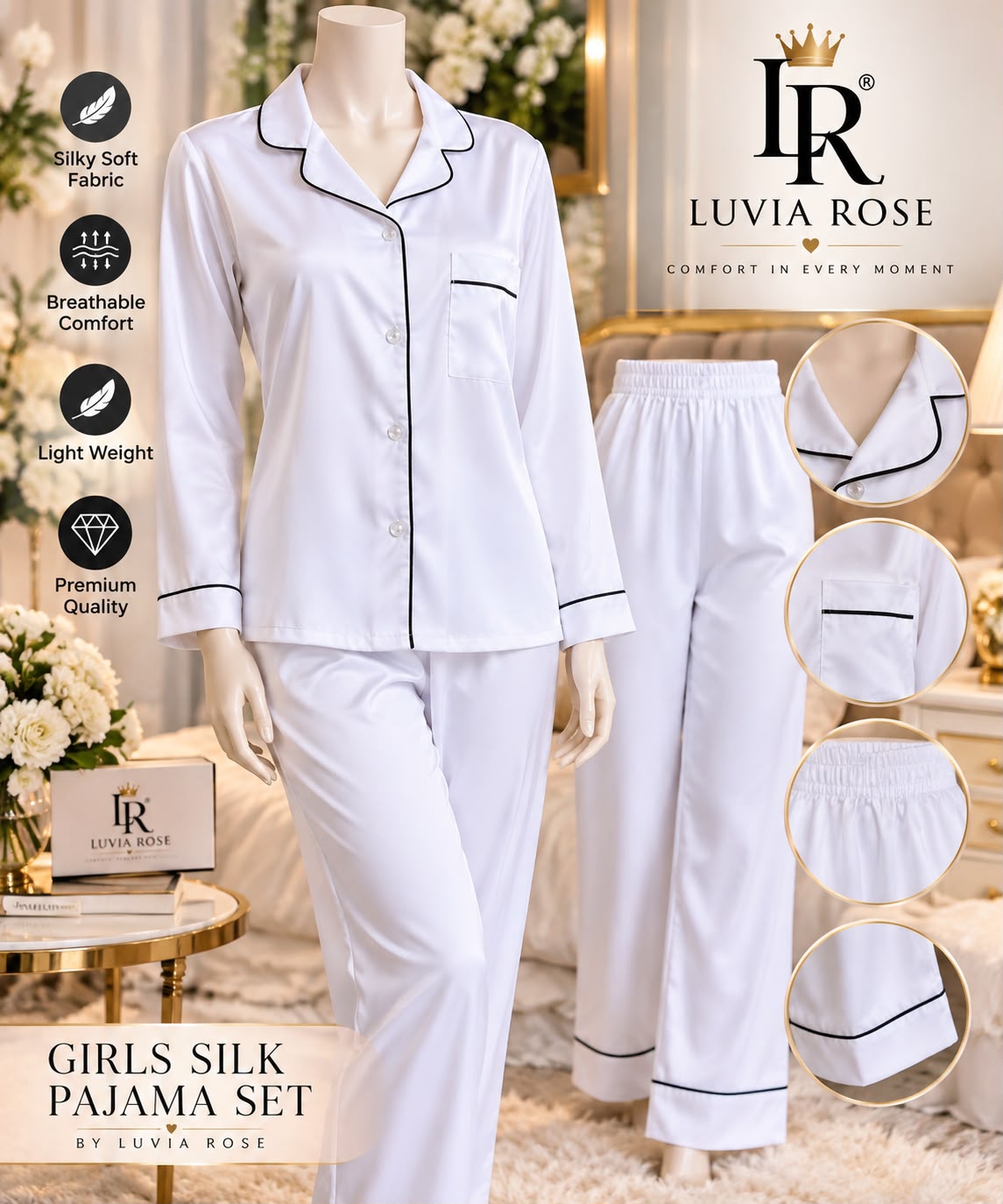 Luvia Rose Lightweight & Breathable Silk Pajama Lounge Set