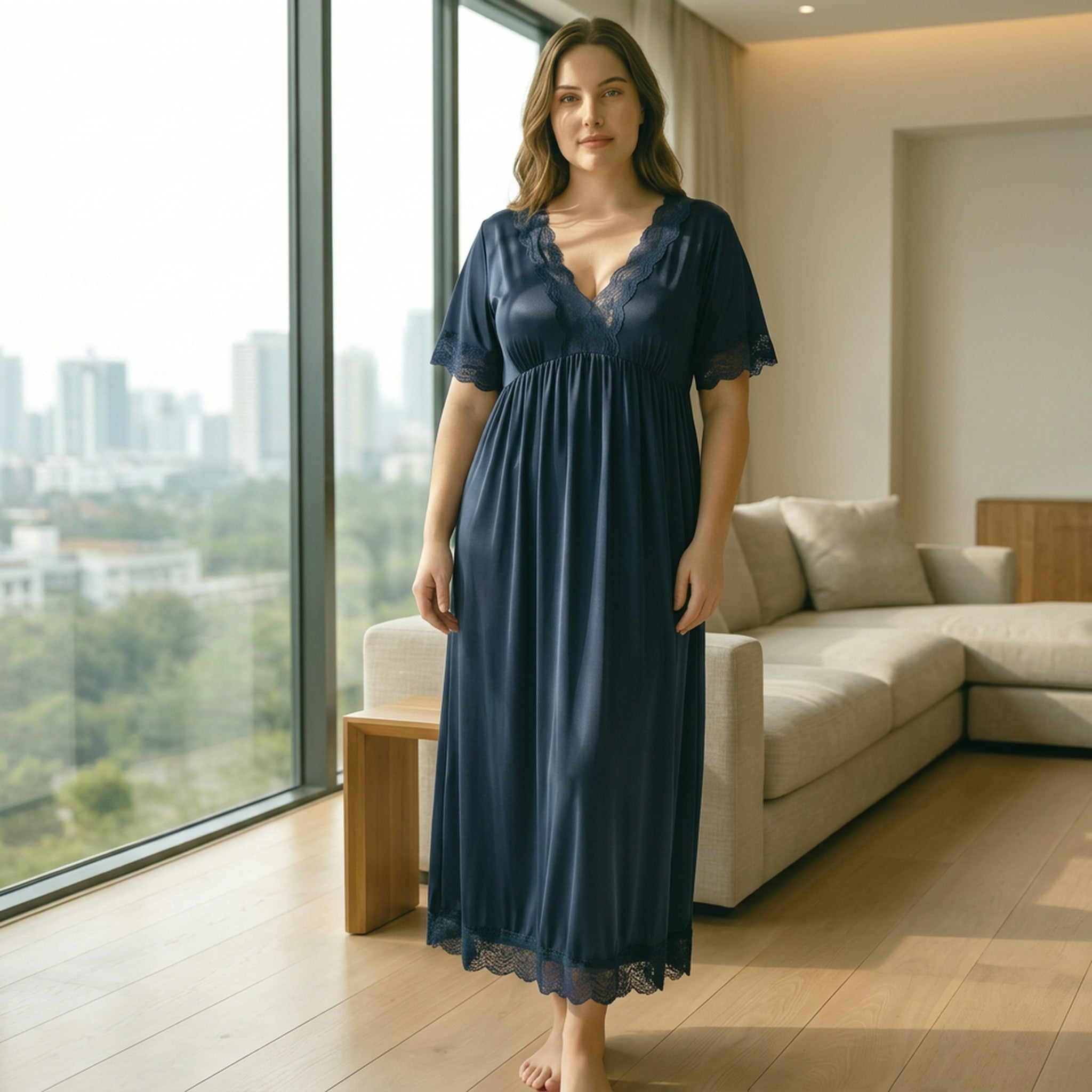 Lace-Trim Satin Maxi Nightgown — Plus Size