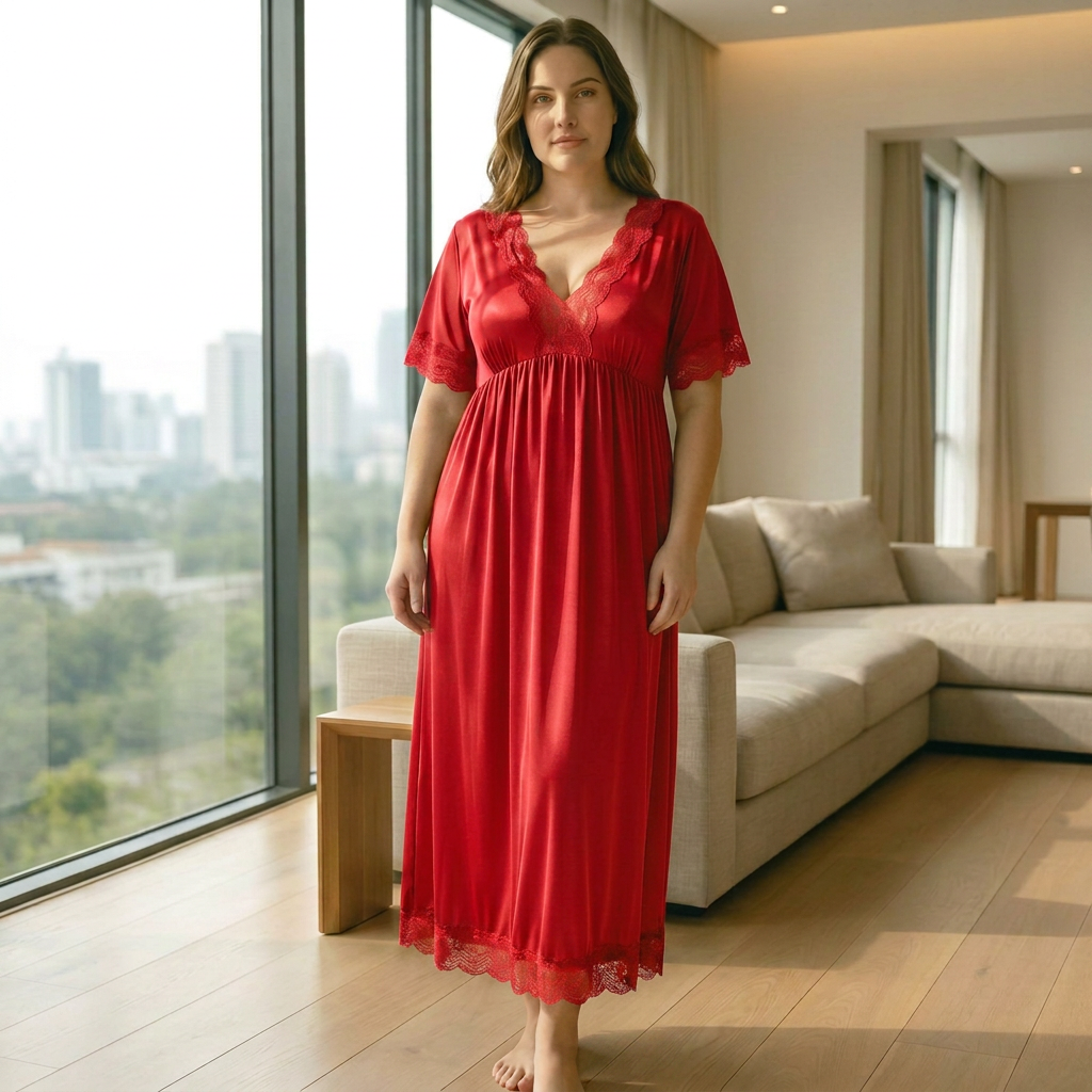 Lace-Trim Satin Maxi Nightgown — Plus Size